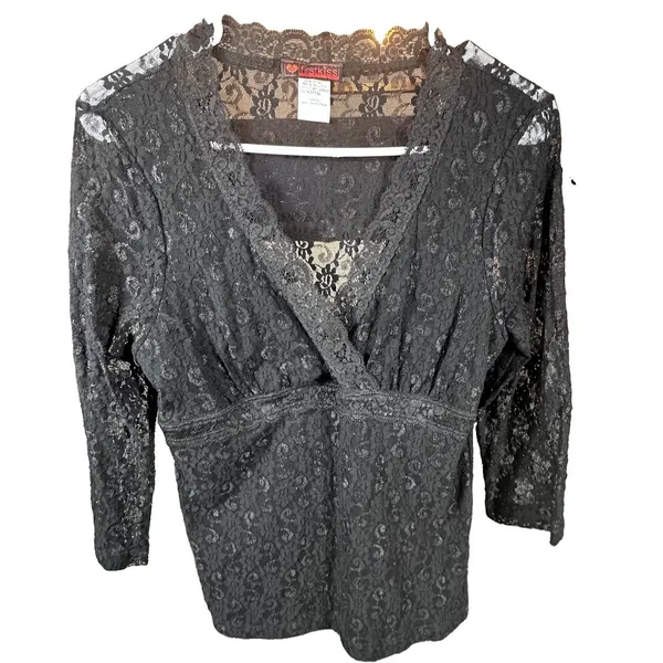Banana Republic Black Lace Wrap Top Women Large Ribbon Waist Tie Victorian Whimsigoth Romantic - Image 2
