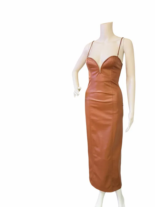 Zara Blogger Strapless Faux Leather Brown Maxi Dress - Image 3