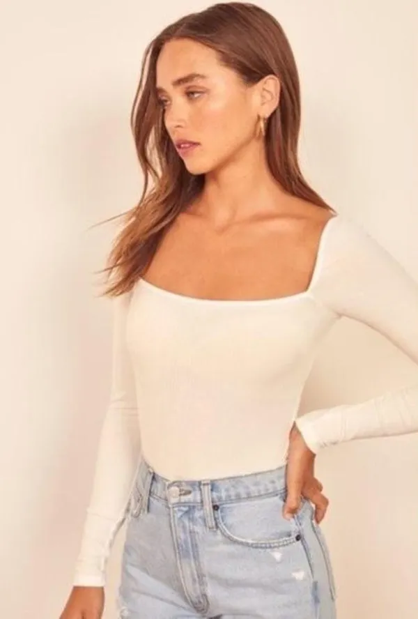 💕REFORMATION💕 Gaia Bodysuit ~ Square Neck Ribbed Long Sleeve White XL NWT - Image 2