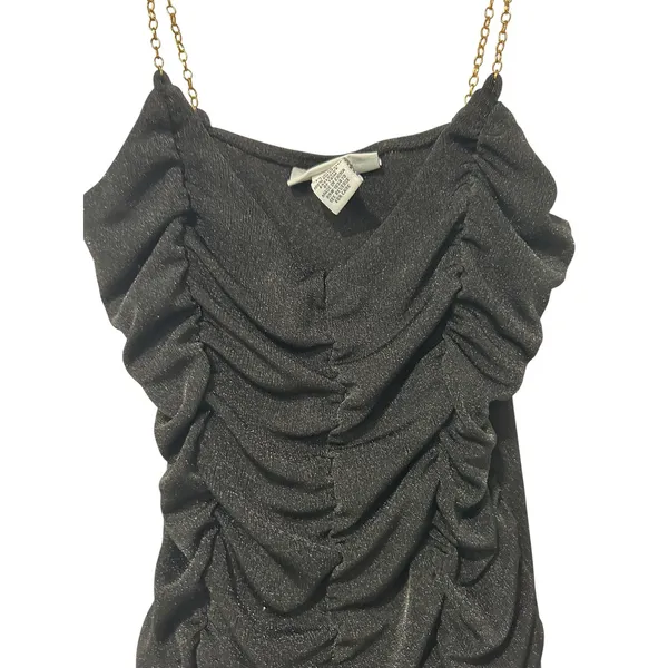 Just Polly New York Bodysuit Y2K Black Ruched Glam Gold Chain Strap Grunge SZ M - Image 3