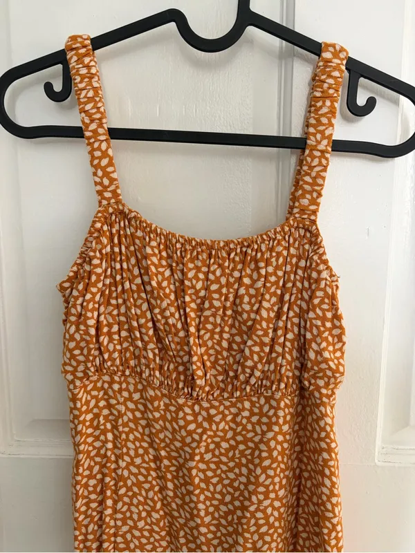 Abercrombie & Fitch Orange Patterned Ruched Top Midi Dress with Slit Small - Image 3