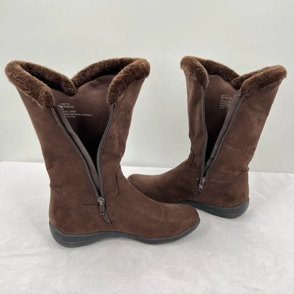 Bass FlexStep Loretta Chocolate Brown Faux Suede Fur Trim Tall Zip Boots Size 7 - Image 7