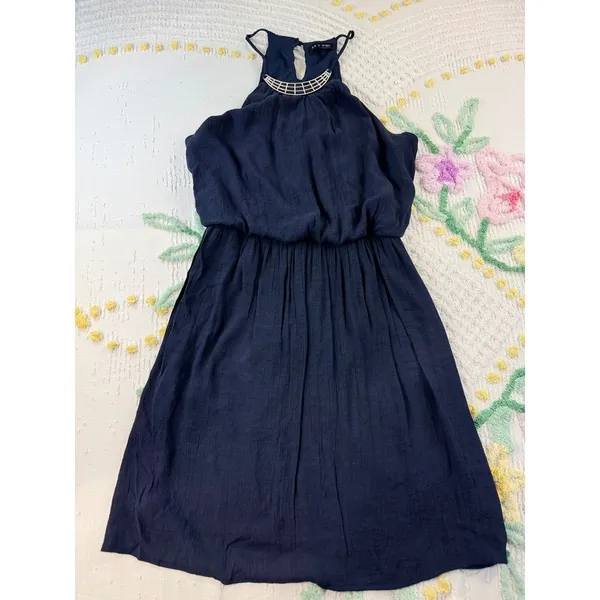 As‎ U Wish Navy Blue Halter Dress Silver Neck Detail Elastic Waist Size M - Image 3
