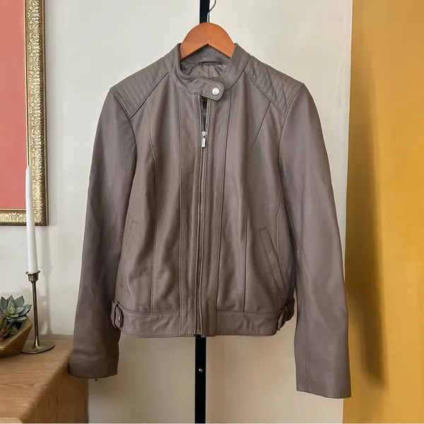 Cole Haan 100% Genuine Lambskin Leather Moto Jacket Lined‎ Biker Taupe Size M - Image 4