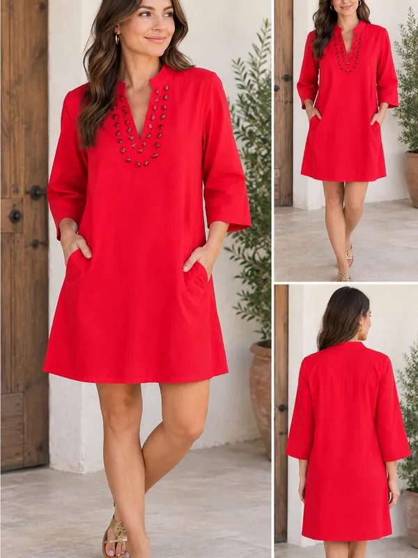 Caryn Lawn Red Embellished V-Neck Pocketed Mini Dress Size 2 (6-12) - Image 2