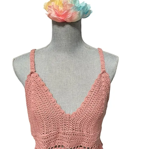 POL Crochet Fringe Crop Top Bralette – Boho Festival Tank, Dusty Rose Pink, Sz L - Image 6