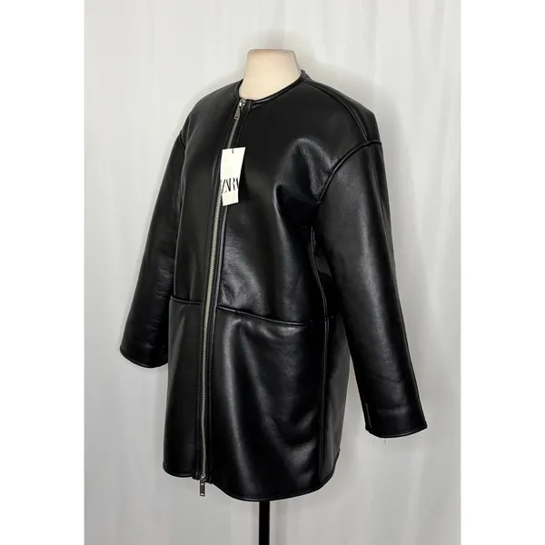 NWT!! ZARA ZW Collection Double Faced Coat Jacket Black Fleece Lining Small - Image 5