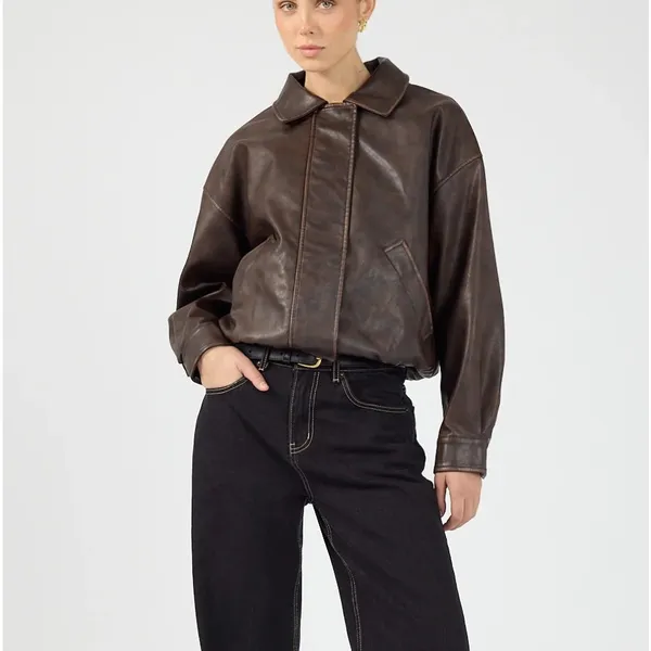 Perfect Stranger Faux Leather Jacket Washed Maxx Size XS Brown - Image 7