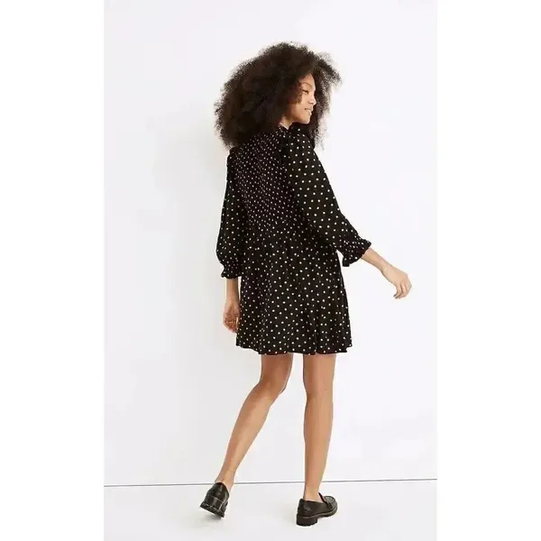 Madewell Black Gold Lucie V-Neck Smocked Mini Oval Dot Baby Doll SZ XL #1862 - Image 2