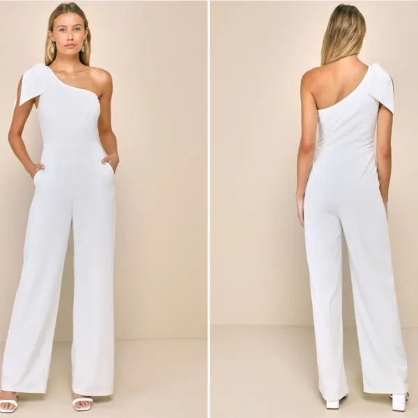 LULU's Wedding Bridal Shower Sexy Modern Chic One Shoulder Jumpsuit Pantsuit - Image 2