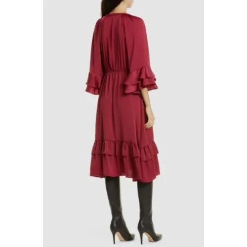 Kobi Halperin Bryant Ruffle Trim Midi Dress Red Boho‎ Satin Tiered Size Small - Image 3