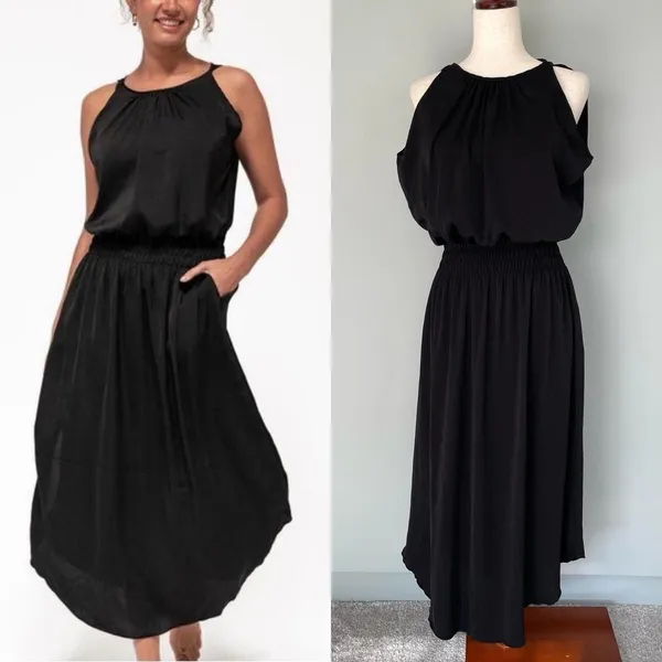 SheBird Emma Black Satin Knit Bateau Neck Built‎ In Bra Midi Dress Smocked M L - Image 2