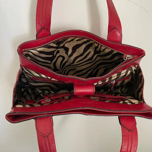 Kate Landry Red Leather Shoulder Bag Zebra Print Lining‎ Multi Compartment Tote - Image 13