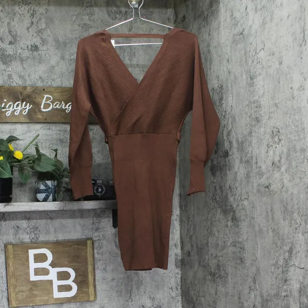 Rosie Harlow Juniors Surplice-Neck Dolman-Sleeve Knit Dress Cappuccino Brown XS - Image 2