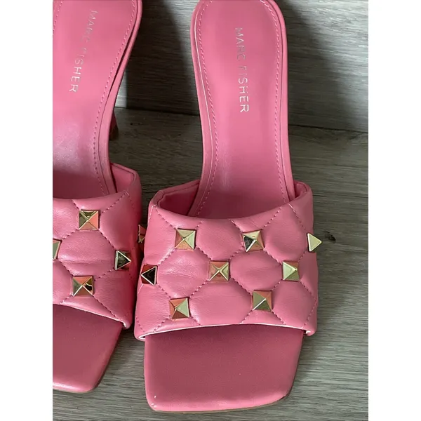 Marc Fisher Size 8M Salmon Pink Studded Slide Heels‎ Square Toe Mule Sandals - Image 4