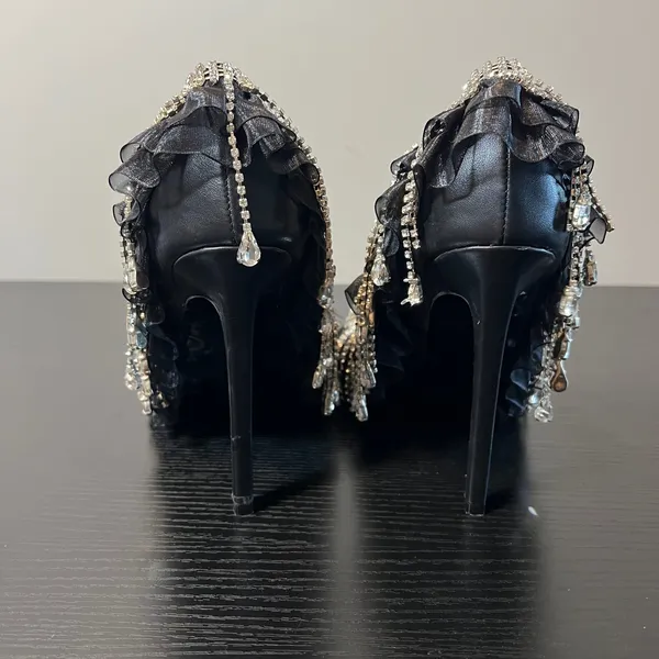 Azalea Wang Trystan Black Rhinestone Fringe Ruffle Pointed Toe Stiletto Pumps 11 - Image 8
