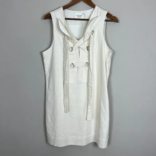 Hyacinth House Tuckernuck‎ Mini Dress Womens Medium Ivory Linen Cotton Lace Up M - Image 14