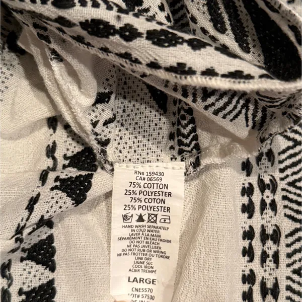 Elan Geometric Print Babydoll Mini Dress White Black Boho Tiered Bell‎ Sleeve L - Image 6