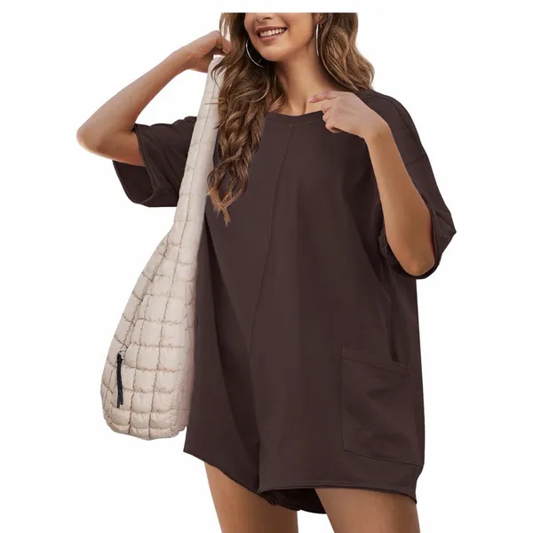 Woman’s Oversized Reversible Romper with Pockets Short Sleeve, Brown Woman’s S - Image 3