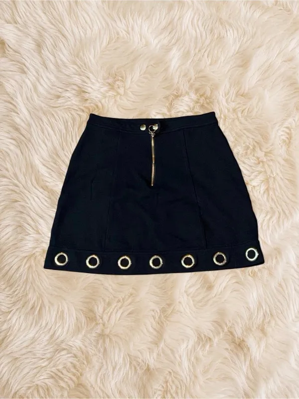 Marilyn Monroe Black Gold Grommet Zip Mini Skirt Size M Y2K Moto Grunge - Image 2