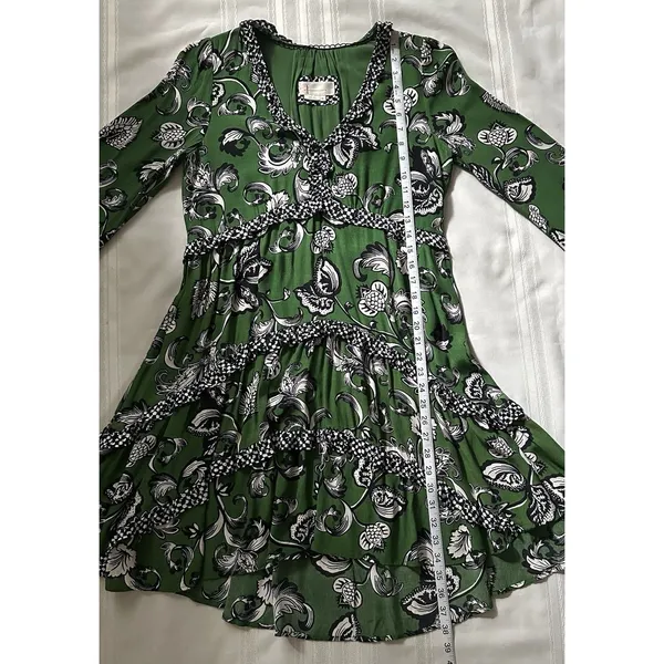 Anthropologie Robin Boho Tiered Ruffled V-Neck Dress Green Motif Size Small - Image 10