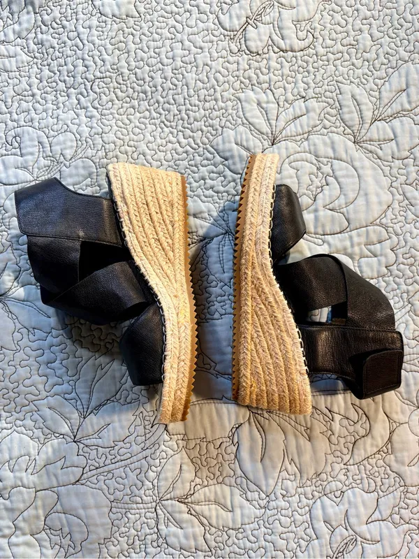☀️Eileen Fisher Willow Black Leather Espadrille Wedge Sandals Sz 7.5🧡 - Image 4