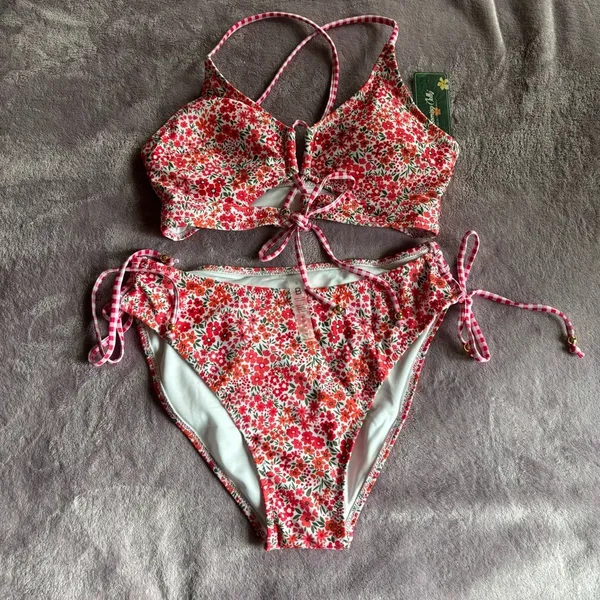Blooming Jelly Red Floral Lace Up Bikini Set Gingham Straps New Small - Image 4