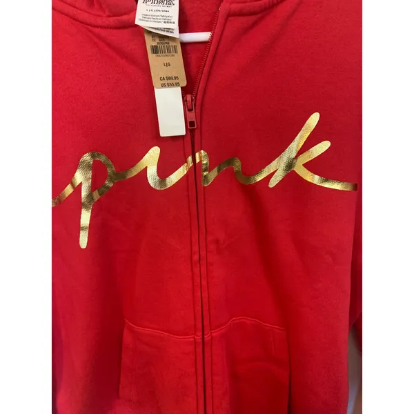 VS Y2K Cozy Aesthetic Pink Zip Up Hoodie Womens Large Red NWT Gold Logo Fleece - Image 9