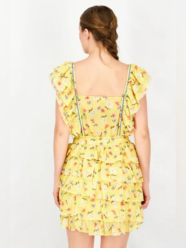 LoveShackFancy Phyllis Yellow Floral Ruffle Tiered Mini Dress Size XS - Image 2