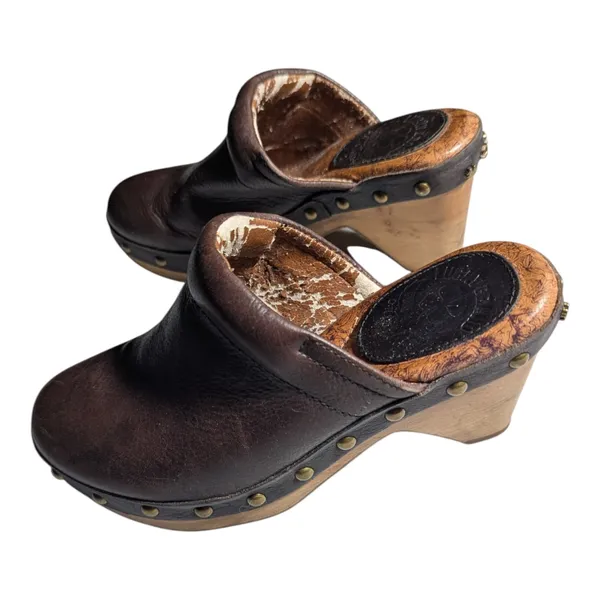 Lucky Brand Brown Leather Wooden Block Heel Studded Detail Clogs Sz 5.5 - Image 7