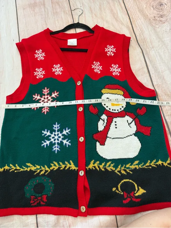STYLE STUDIO Ugly Christmas Sweater Vest Size Large Snowman Print Button Up VTG - Image 5
