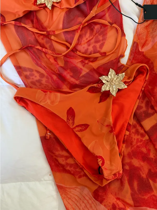 Orange Floral 3 Piece Bikini Set & Cover Up Cowl Neck Dress Sunsuit - Image 7