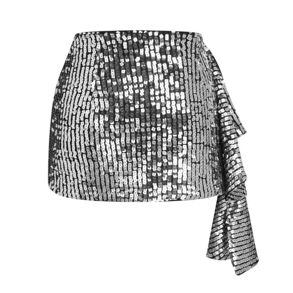 Cider Sequins Low Rise Ruffle Hem Mini Skirt in Black/Silver, Size M - Image 2