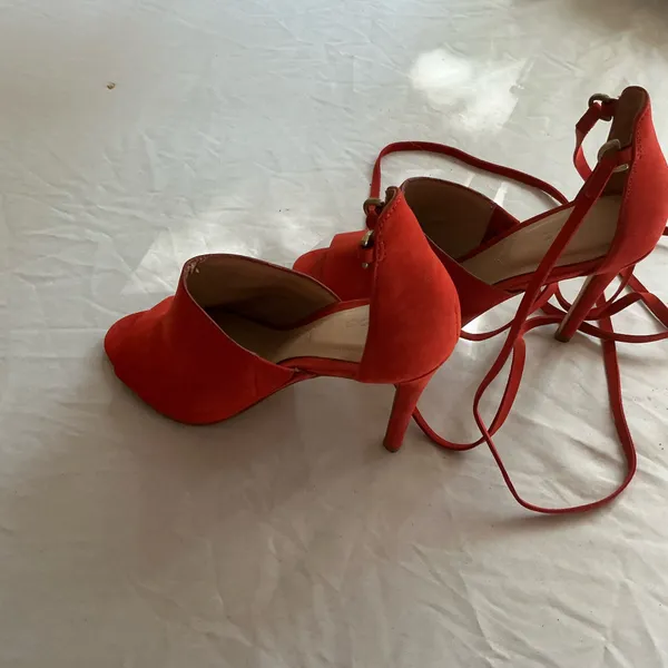 Aldo Red Suede Open Toe Stiletto Heels with Ankle Wrap Straps - Image 5