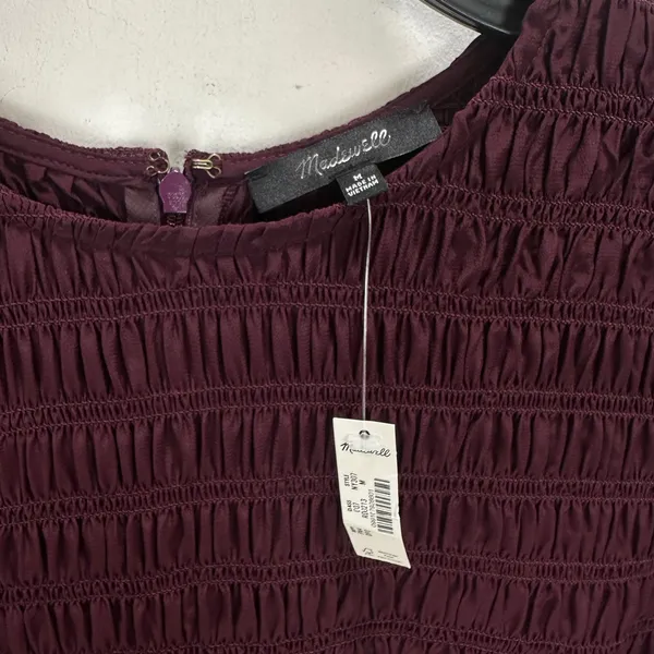 Madewell Long-Sleeve Smocked Mini Dress Dark Pomegranate Crepe Medium NWT - Image 9