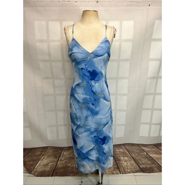 Lulu’s Bright Charm Blue Abstract Print Chiffon Slip Midi size medium - Image 5