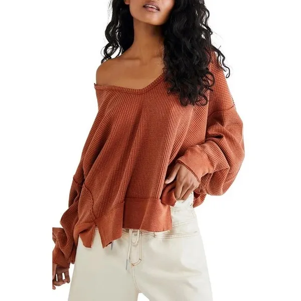 Free People We the Free Shirt Buttercup Thermal Waffle Knit Rust Orange Small - Image 5