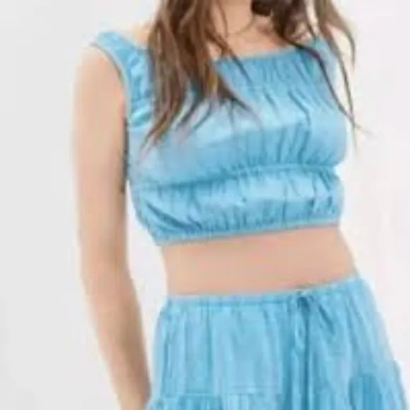 NWT American Eagle Blue Gauze Boho Cropped Smocked Top Size L - Image 15
