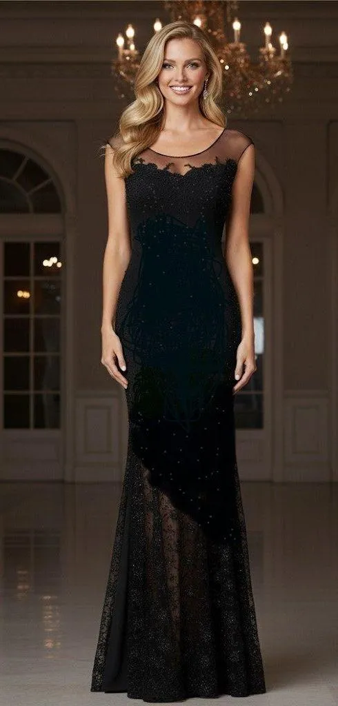 Jovani Sheer Illusion Lace Evening Gown Black Beaded Maxi 8 Formal Prom Black Tie - Image 12