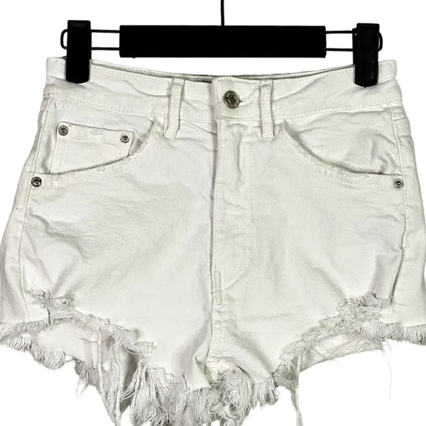 ZARA Cutoff Distressed Jean Shorts Raw Ripped Hem High Rise Pockets 2 White - Image 10