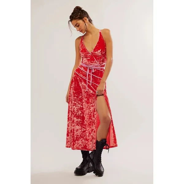 FREE‎ PEOPLE Deia Velvet Midi Dress Pink Rose Strappy Dainty Romantic X-Small - Image 4