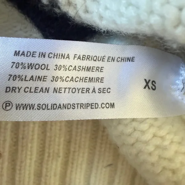 $298 Solid & Striped The Rhea Wool Cashmere Crewneck Sweater Ivory Black XS - Image 3