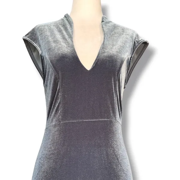 Y2K Windsor Blue Gray Velvet Midi Dress V Neck Bodycon Cocktail Party Holiday - Image 3