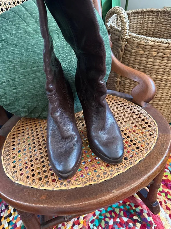 Frye Harlow Campus Chocolate Brown Leather Heeled Boho Western Tall Slouch Boots - Image 4
