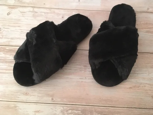 Plush Slippers, Size 7/8 Black - Image 3