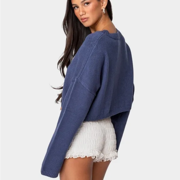 EDIKTED Knit Bow Cropped Sweater‎ Women's XS/S Navy Boho Dainty Coquette Girl - Image 3