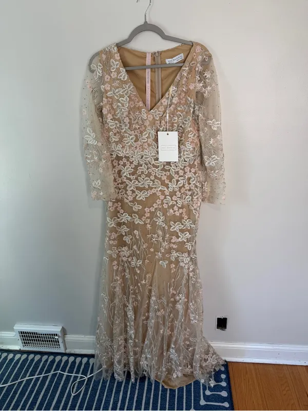 Mac Duggal Floral V Neck Long Sleeve Trumpet Gown 10 NEW Ivory Nude - Image 2