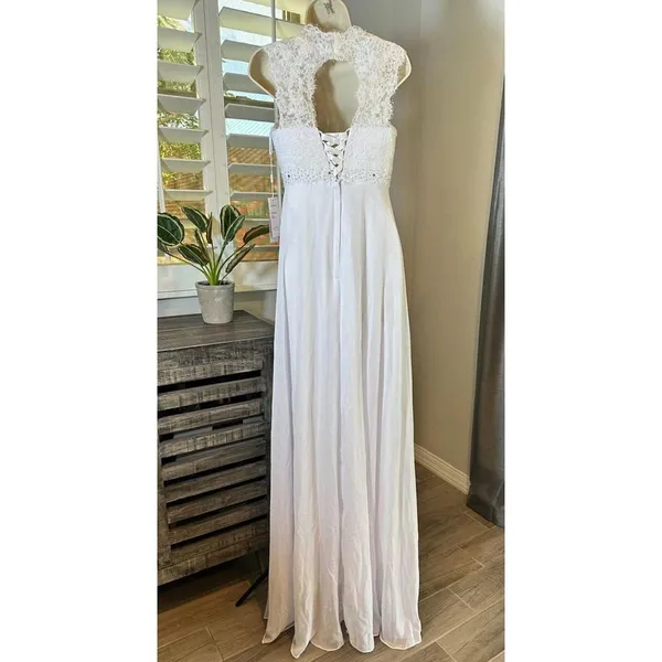 Abaowedding Sleeveless White Lace Wedding Gown BOHO Empire Waist Size 8 - Image 4