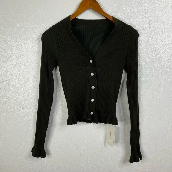 Commense NWT Ruffle Trim Dark Green‎ Ribbed Cardigan Size Small - Image 2
