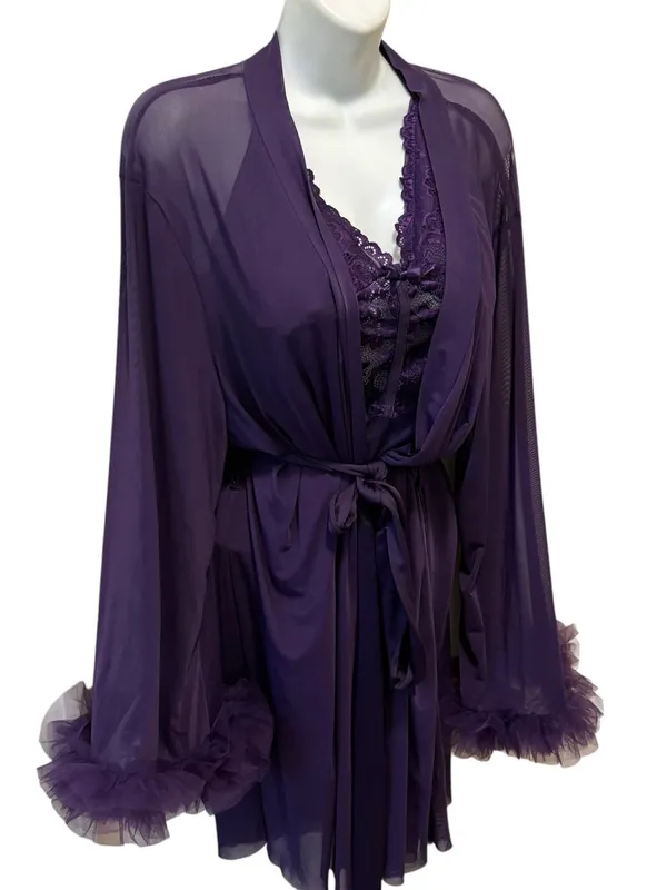 Boutique Lace Patchwork Camisole Nightgown & Bell Sleeve Sheer Robe Set Sz 2X - Image 2